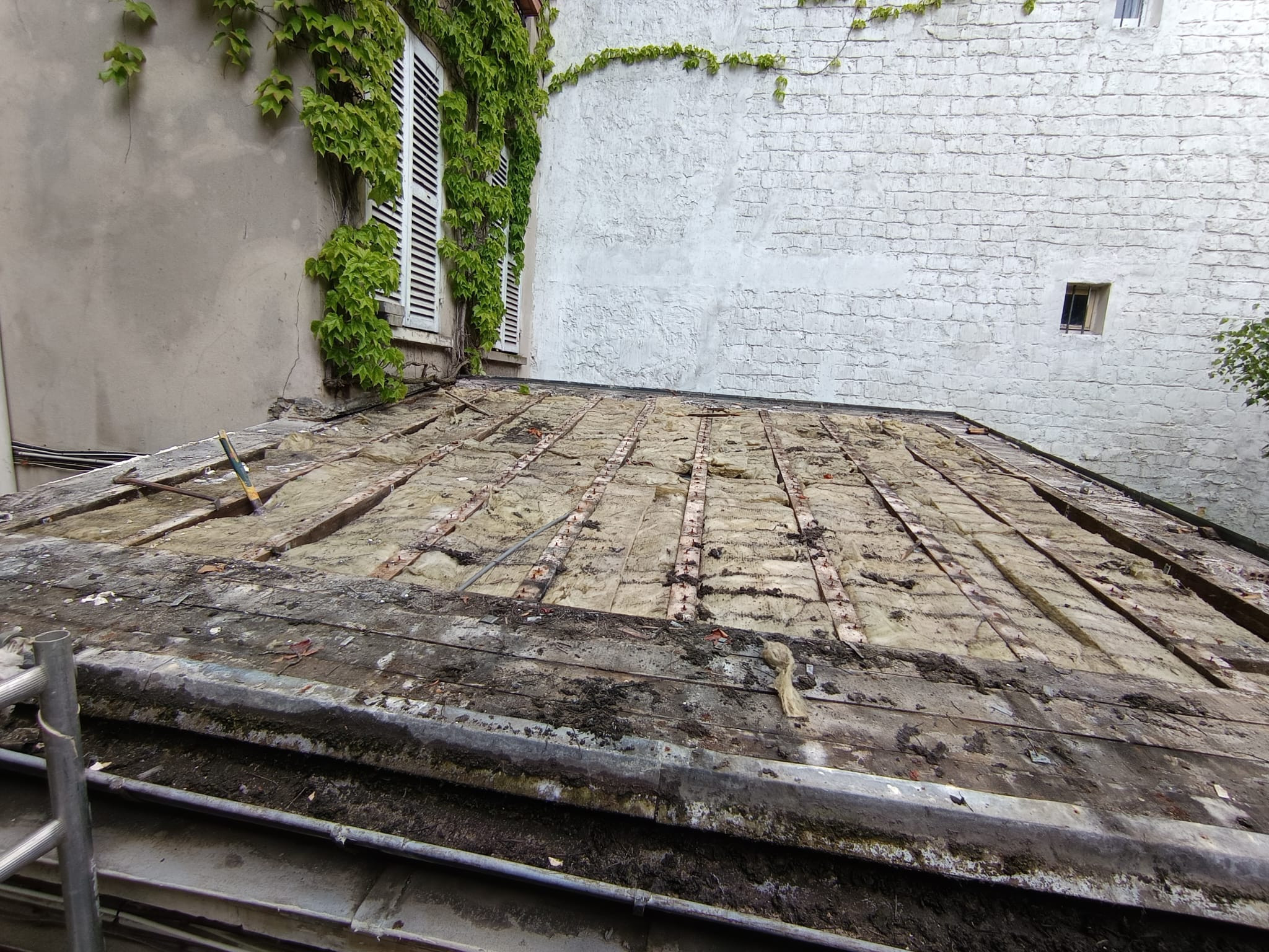 Toiture-terrasse déposée jusqu'à son solivage entre deux murs de cour : solives apparentes, isolant ancien tassé et noirci entre les bois, mur mitoyen en brique peint en blanc, vigne vierge et volets persiennés sur le mur de gauche, garde-corps d'échafaudage au premier plan