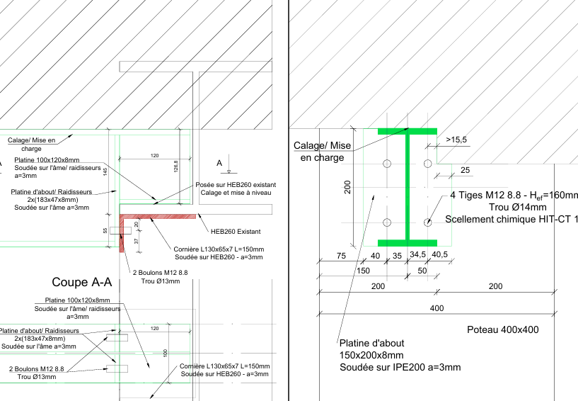 Plans de détail des assemblages : cornière sur poutre HEB260 existante, platines, tiges M12 scellées dans un poteau béton