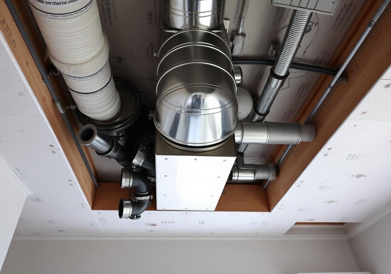 Caisson de ventilation mécanique contrôlée suspendu en faux plafond, gaines d'extraction raccordées sur ses piquages
