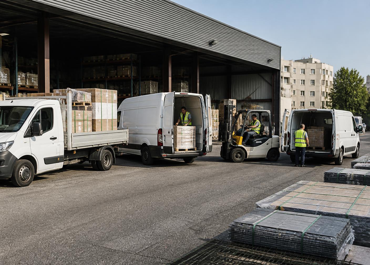 Camions et fourgons utilitaires chargeant des palettes de carrelage et des colis de cuisine dans un dépôt de matériaux