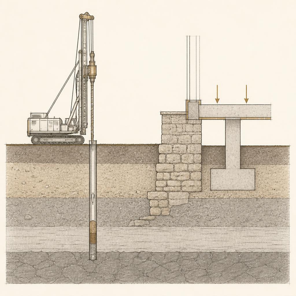 Schéma d'une étude géotechnique avec forage de reconnaissance des sols, prélèvement d'échantillon et fondations d'un bâti ancien