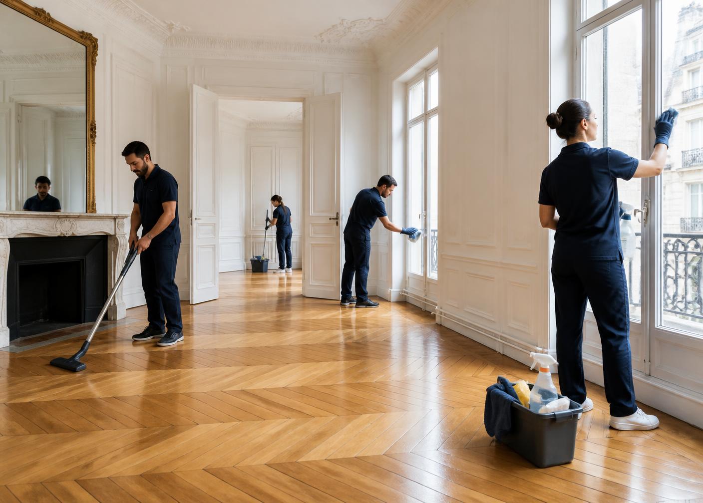 Équipe de nettoyage professionnelle en fin de chantier dans un appartement haussmannien rénové au parquet point de Hongrie
