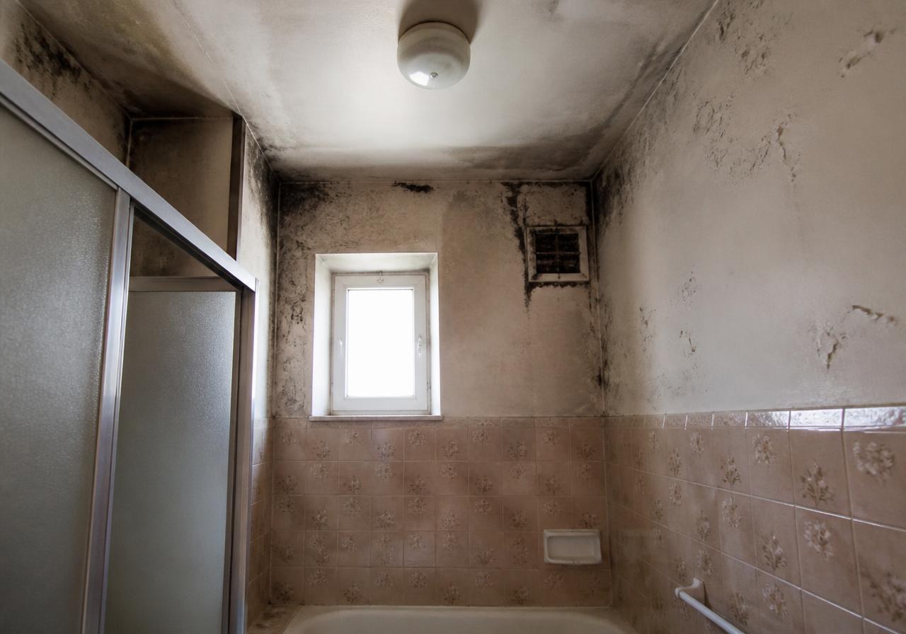 Salle d'eau dégradée par la condensation, moisissures en plafond et en angles, grille de ventilation encrassée