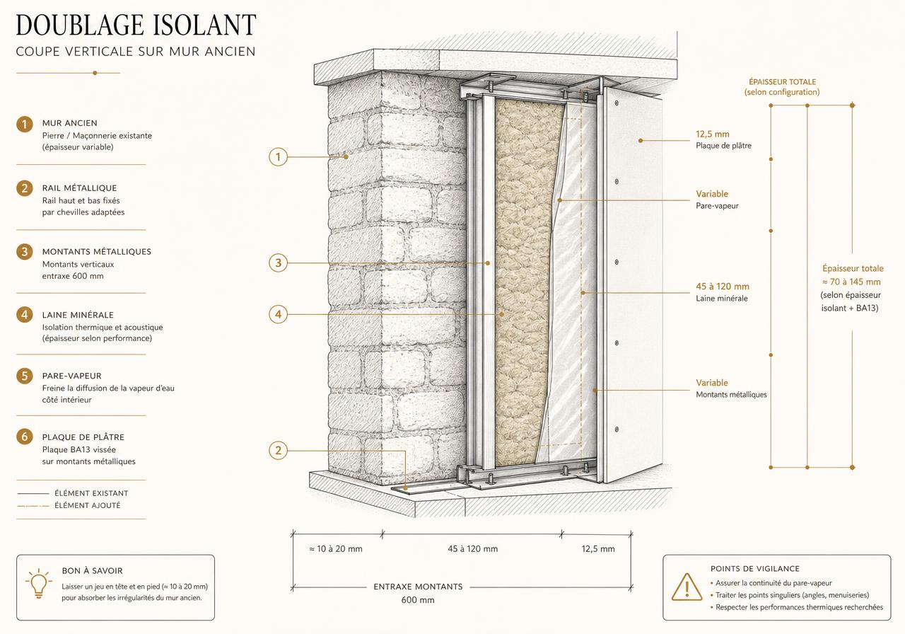 Coupe verticale d'un doublage isolant sur mur ancien : rails, montants, laine minérale, pare-vapeur et plaque de plâtre