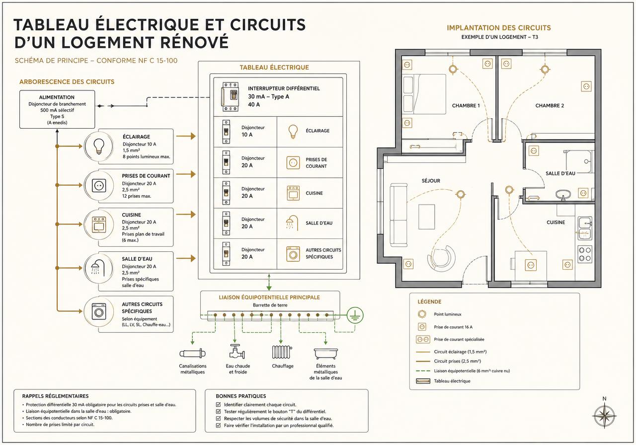 Schéma d'un tableau électrique de logement rénové avec circuits, différentiel 30 mA et liaison équipotentielle