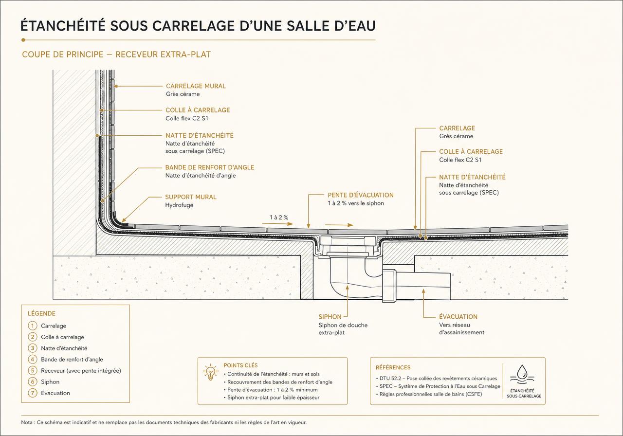 Coupe d'une salle d'eau montrant la natte d'étanchéité sous carrelage, la bande d'angle, la pente et le siphon