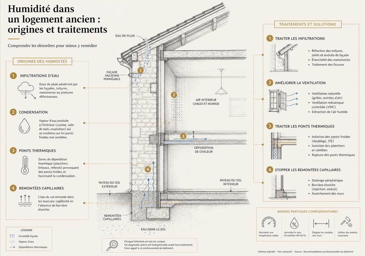 Coupe d'un logement ancien illustrant remontées capillaires, infiltrations, condensation et ponts thermiques