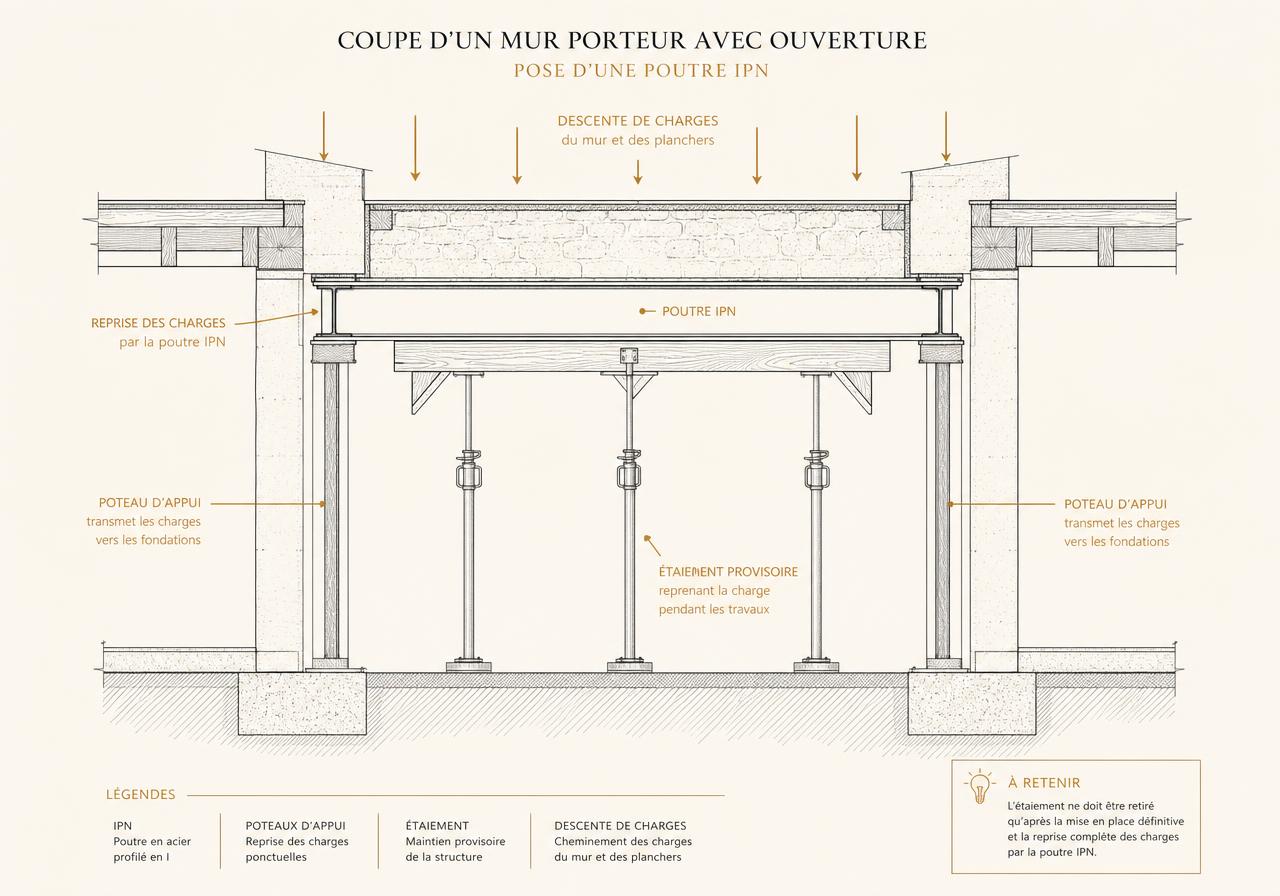 Coupe technique d'une ouverture de mur porteur montrant la poutre de reprise, les poteaux d'appui aux extrémités, l'étaiement provisoire pendant les travaux et le principe de descente de charges vers les fondations.