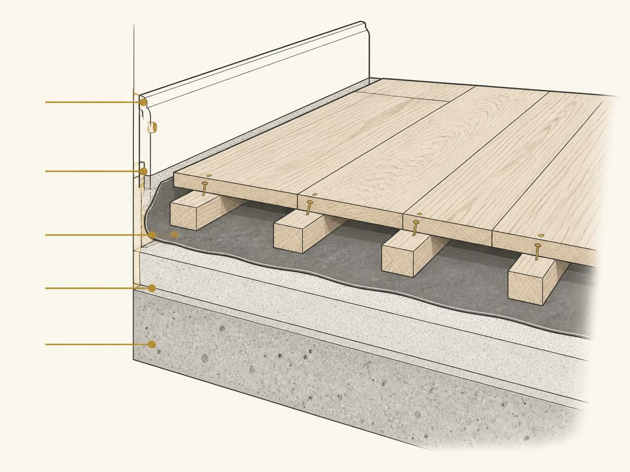 Schéma en coupe d'une pose de parquet chêne massif cloué sur lambourdes au-dessus d'une chape et d'une dalle béton, avec plinthe et joint périphérique