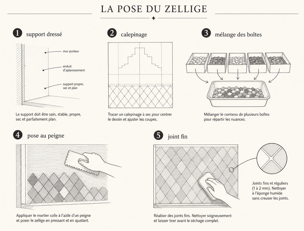 Schéma pédagogique des cinq étapes de pose du zellige : support dressé, calepinage, mélange des boîtes, pose au peigne et joint fin