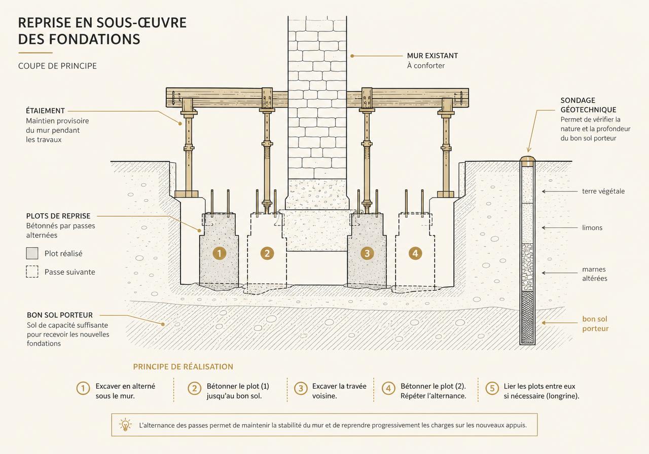 Schéma en coupe d'une reprise en sous-œuvre : plots bétonnés par passes alternées, bon sol porteur, sondage géotechnique et étaiement