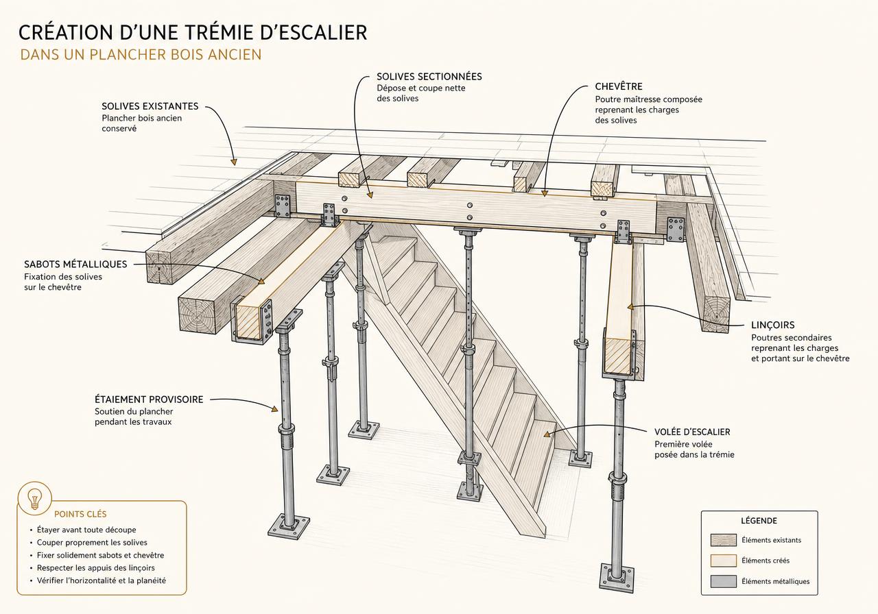 Schéma d'une trémie d'escalier dans un plancher bois : solives sectionnées, chevêtre, linçoirs, sabots métalliques et étaiement provisoire