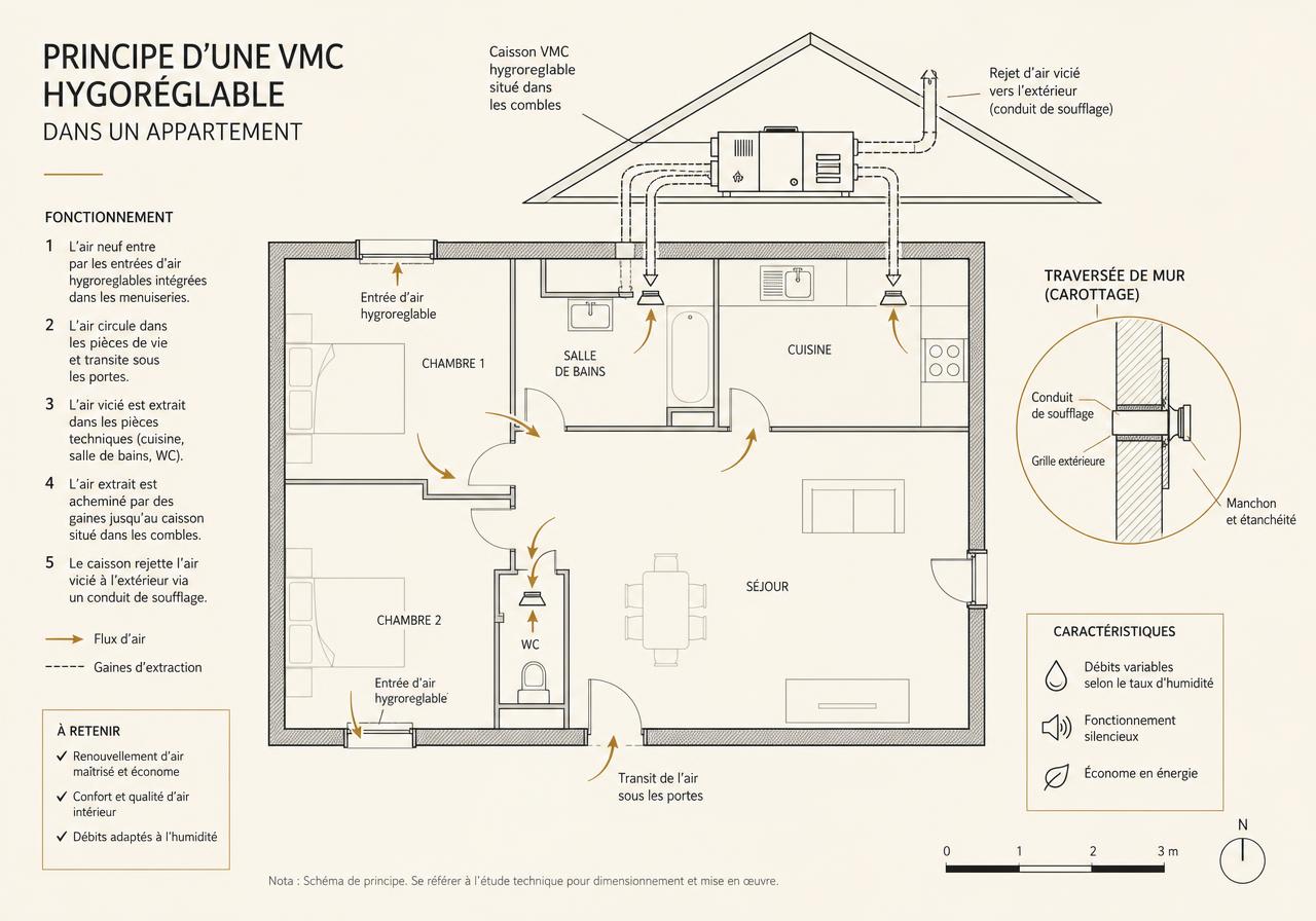 Schéma de principe d'une ventilation mécanique contrôlée avec bouches d'extraction et entrées d'air