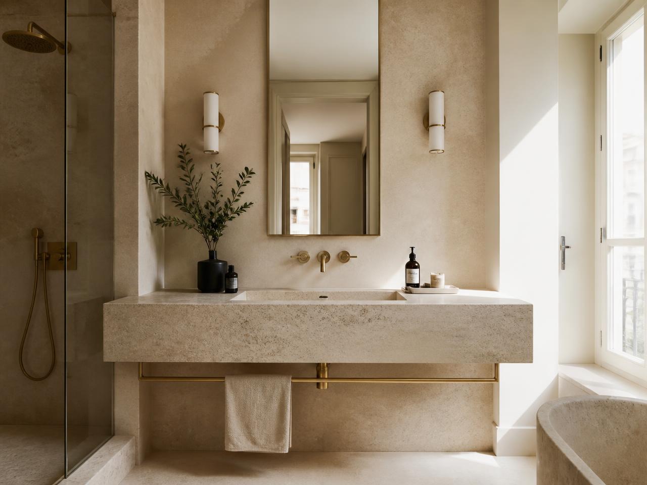Salle d'eau beige : plan-vasque monolithe taillé dans la pierre, murs en enduit minéral ton pierre sans joint apparent, robinetterie et barre de laiton
