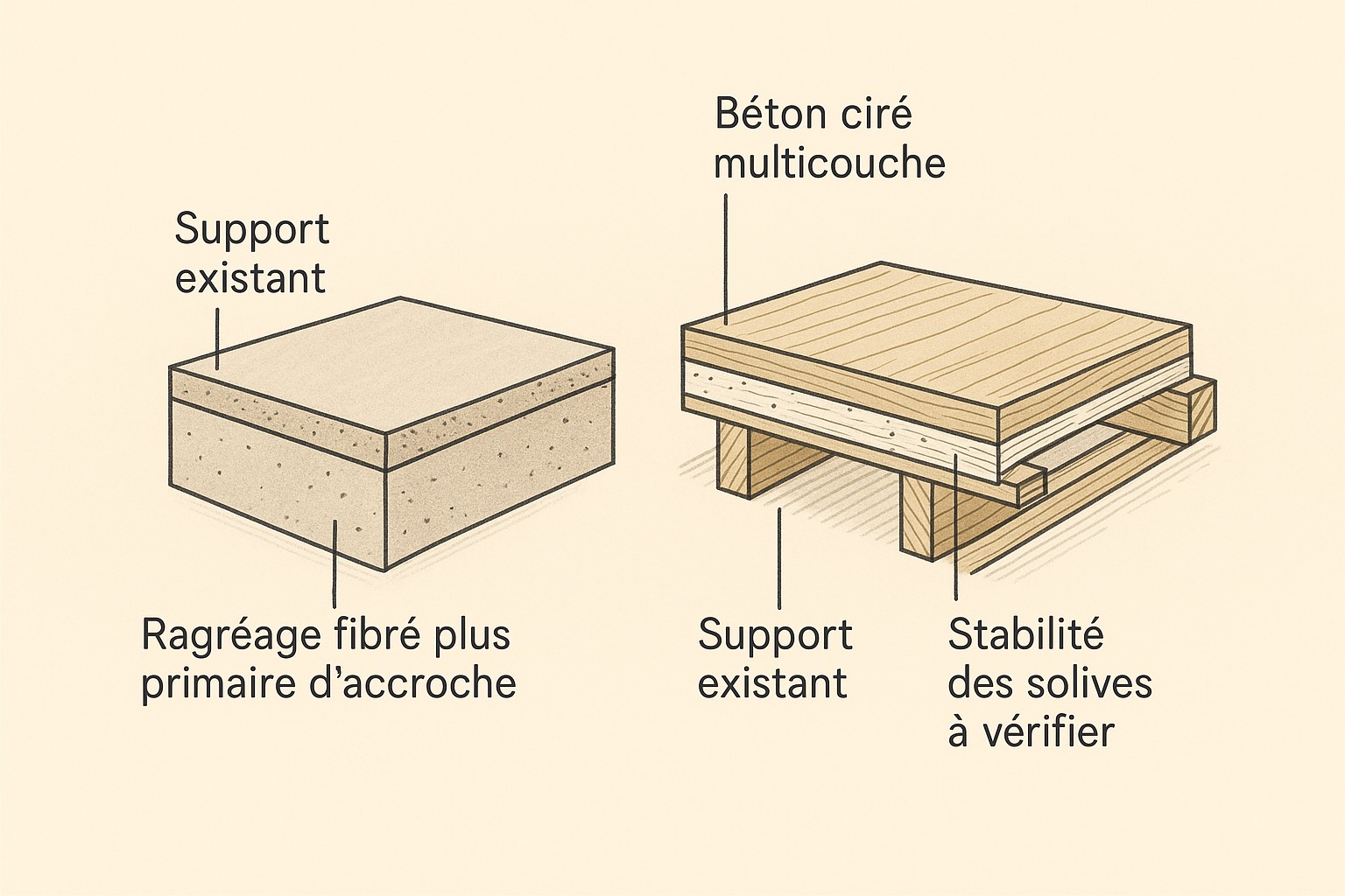 Schéma pédagogique du béton ciré appliqué sur dalle béton et sur plancher bois ancien, avec ragréage fibré et primaire d'accroche