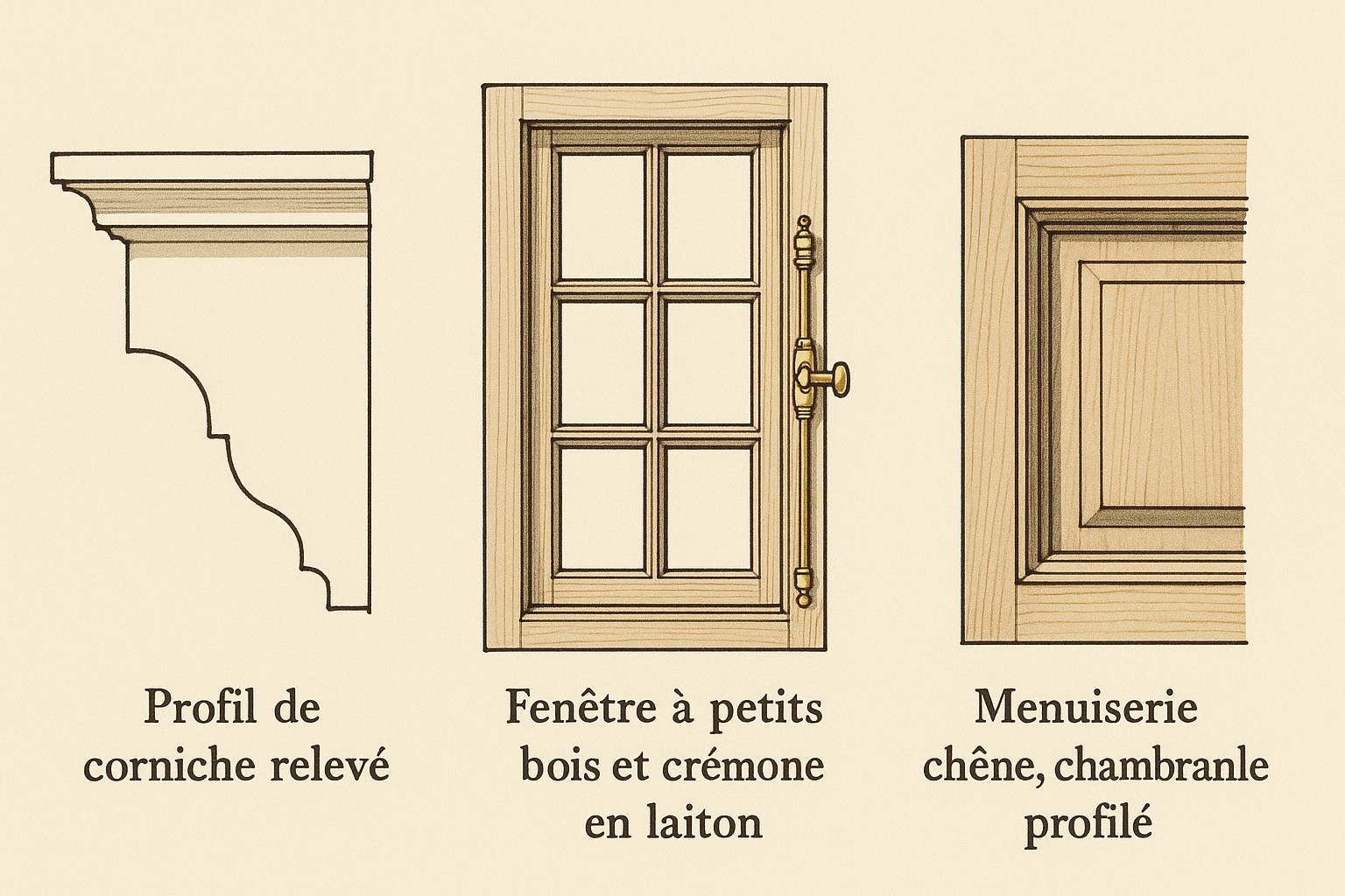 Schéma pédagogique de trois profils : corniche relevée, fenêtre à petits bois et crémone en laiton, menuiserie chêne à chambranle profilé
