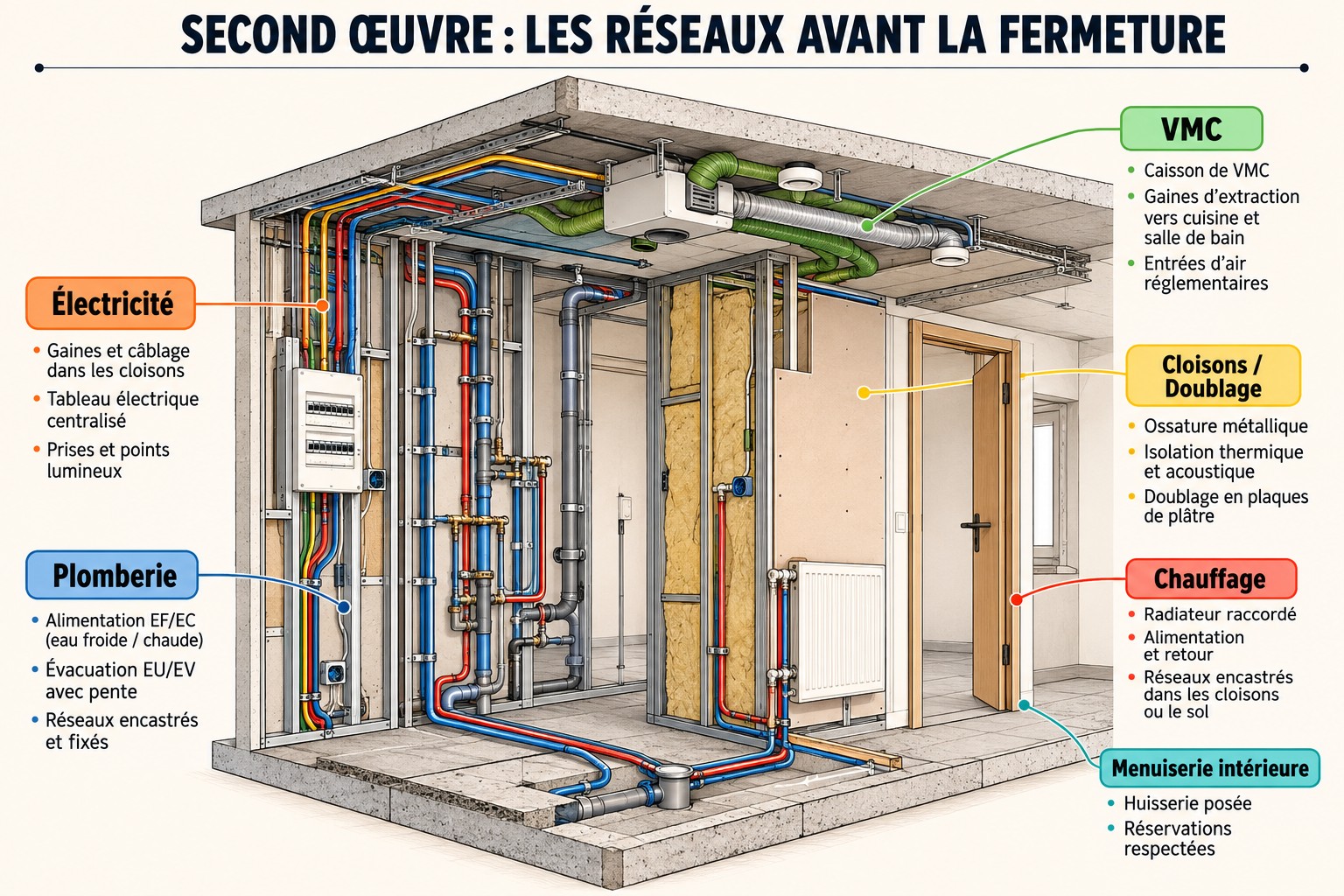 Axonométrie d'un appartement montrant électricité, plomberie, VMC, cloisons, chauffage et menuiserie