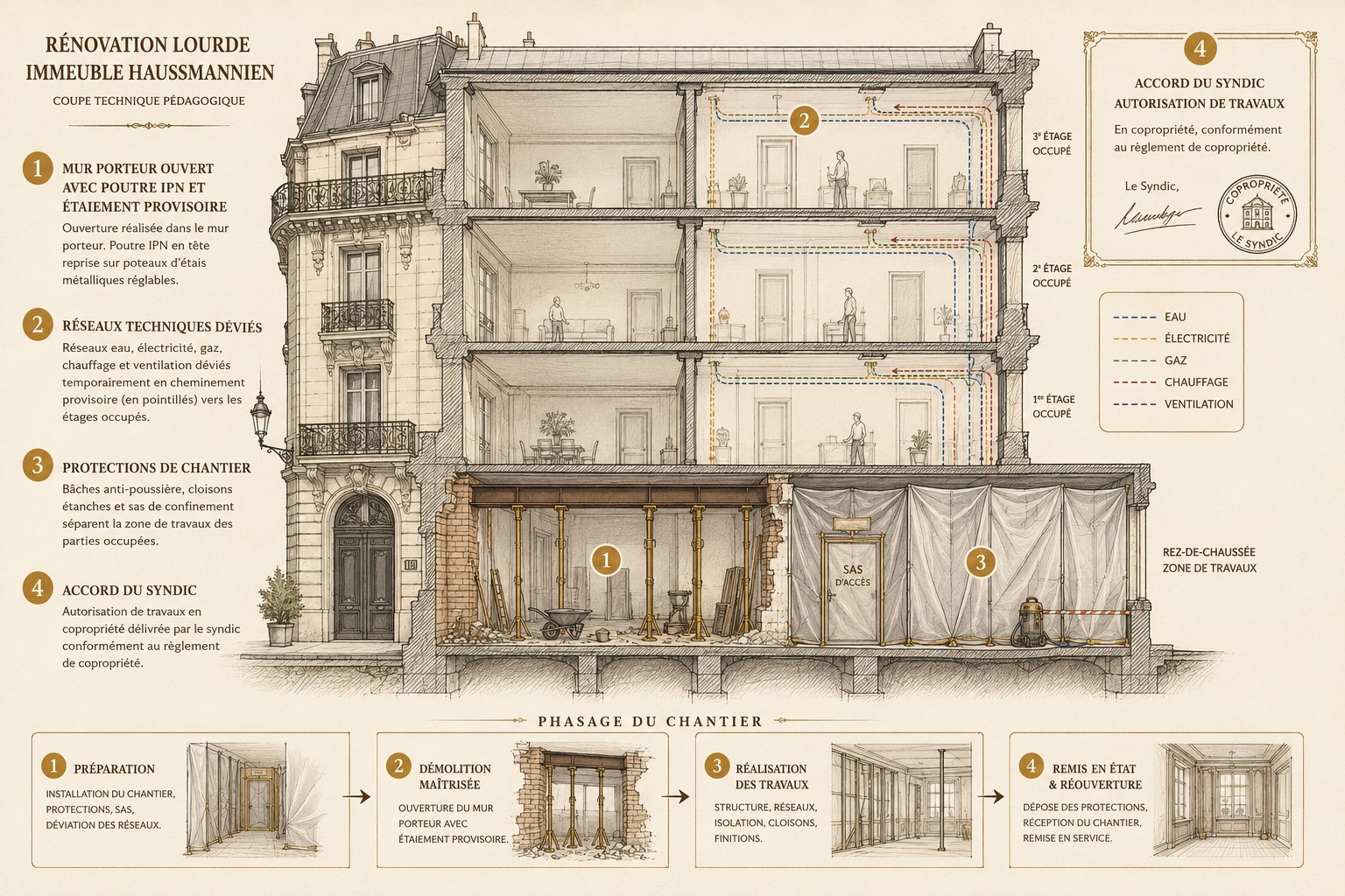 Coupe d'un immeuble haussmannien occupé pendant des travaux lourds : mur porteur ouvert, réseaux déviés, protections de chantier, accord du syndic, phasage