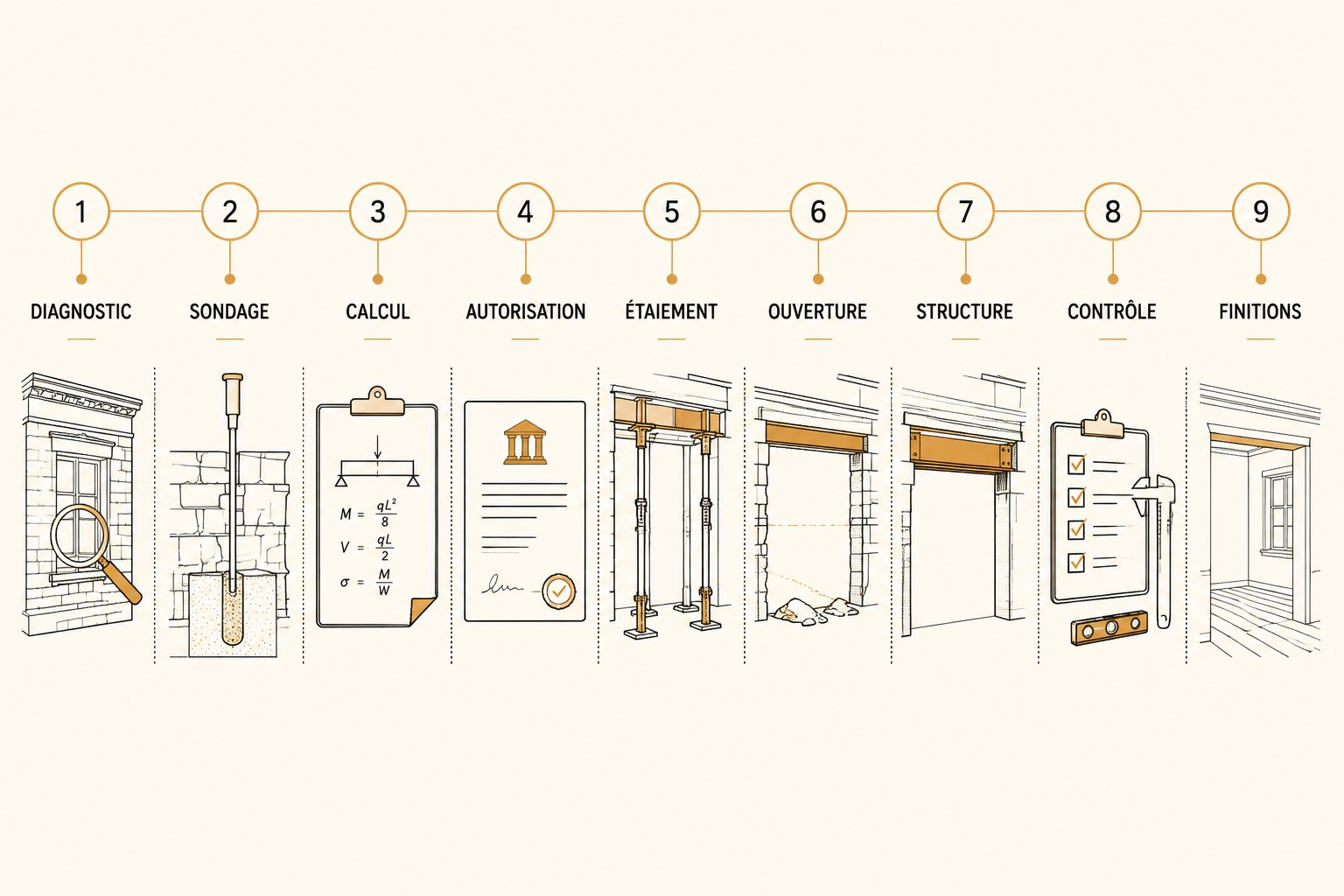 Frise en 9 étapes : diagnostic, sondage, calcul, autorisation, étaiement, ouverture, structure, contrôle, finitions