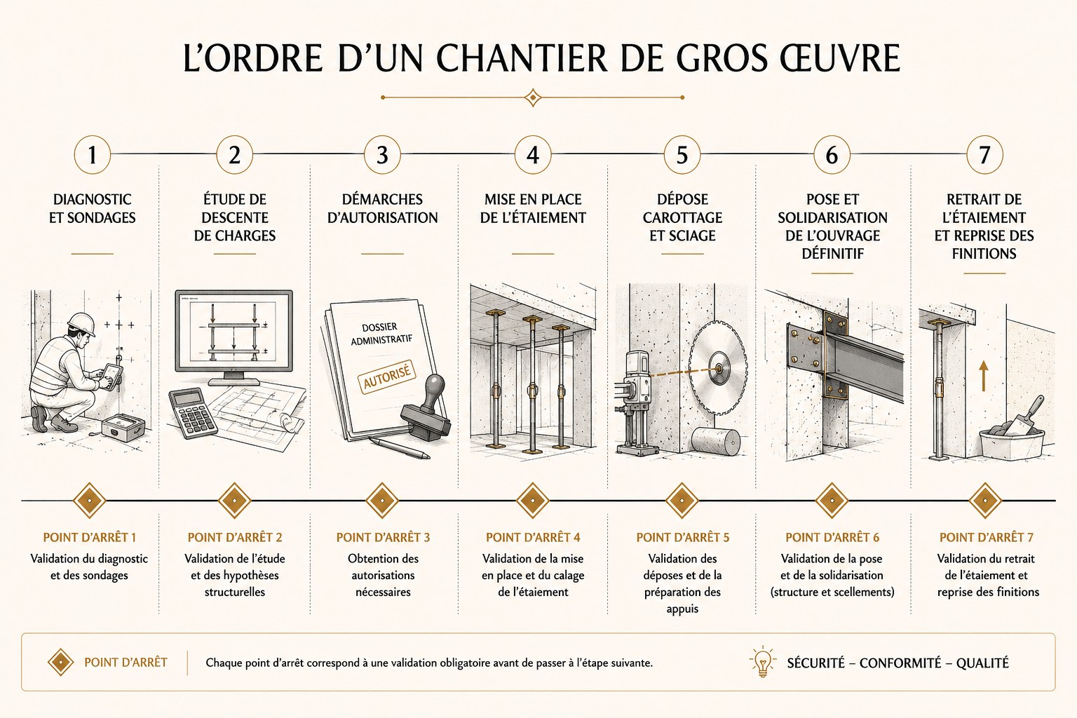 Frise en sept étapes de l'ordre d'un chantier de gros œuvre avec points d'arrêt de validation
