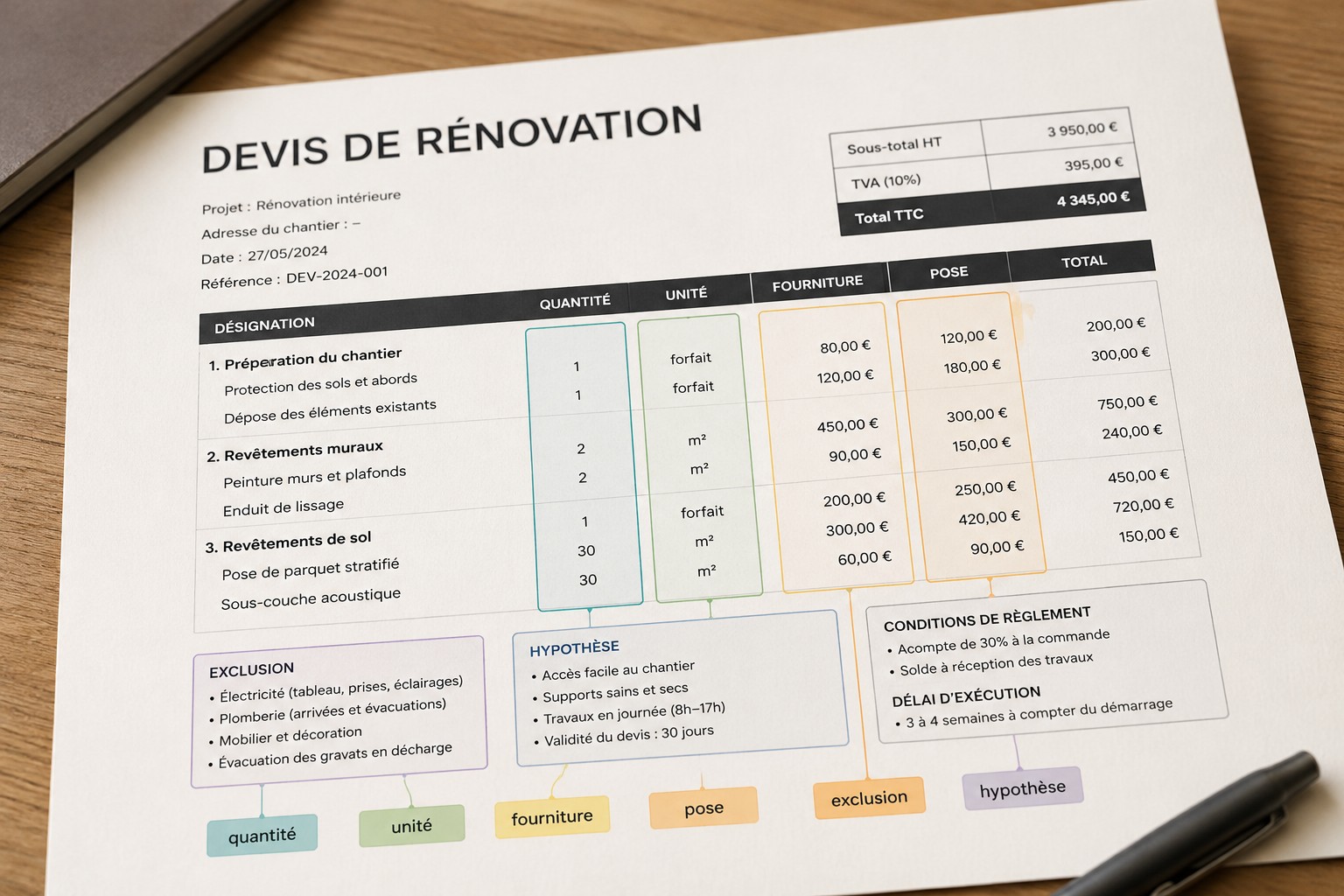 Devis de rénovation anonymisé avec six zones mises en évidence : quantité, unité, fourniture, pose, exclusion, hypothèse