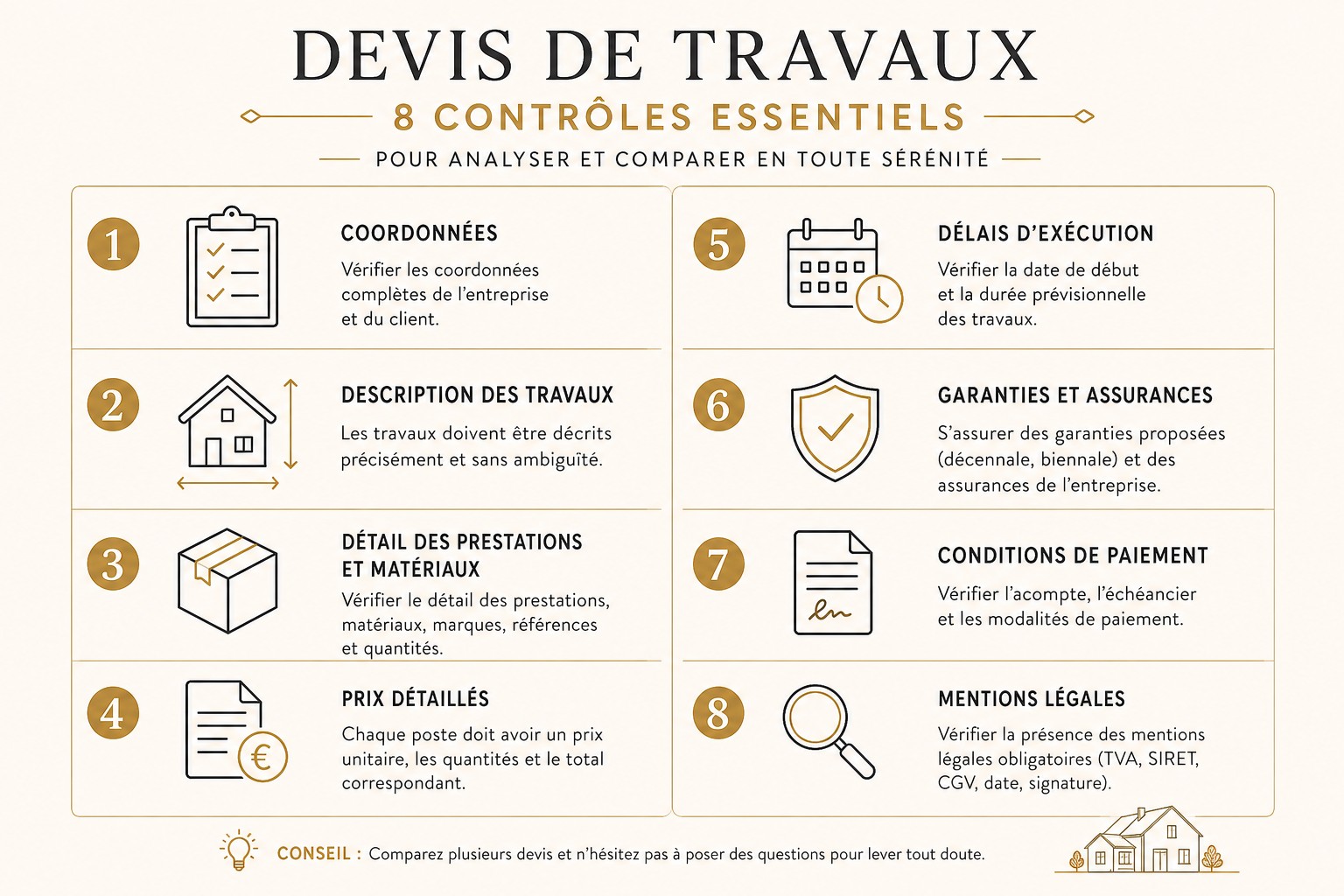 Huit contrôles numérotés pour analyser un devis de travaux de rénovation