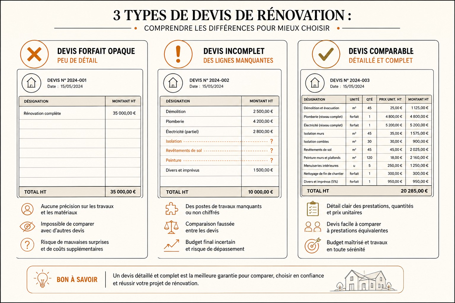 Comparaison de trois devis de rénovation : forfait opaque, devis incomplet, devis comparable et détaillé
