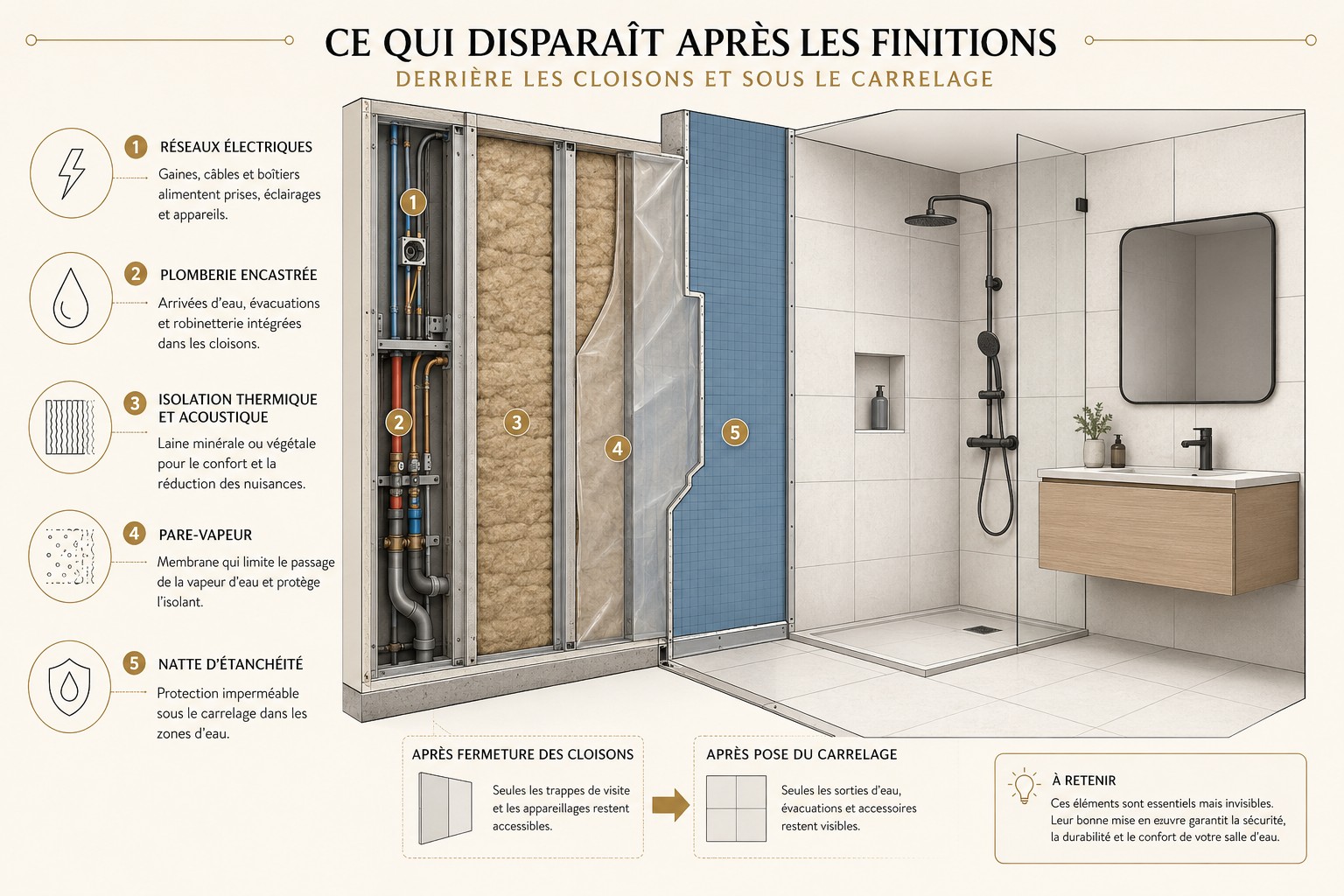 Coupe technique d'une salle d'eau montrant réseaux électriques, plomberie encastrée, isolation, pare-vapeur et natte d'étanchéité avant fermeture