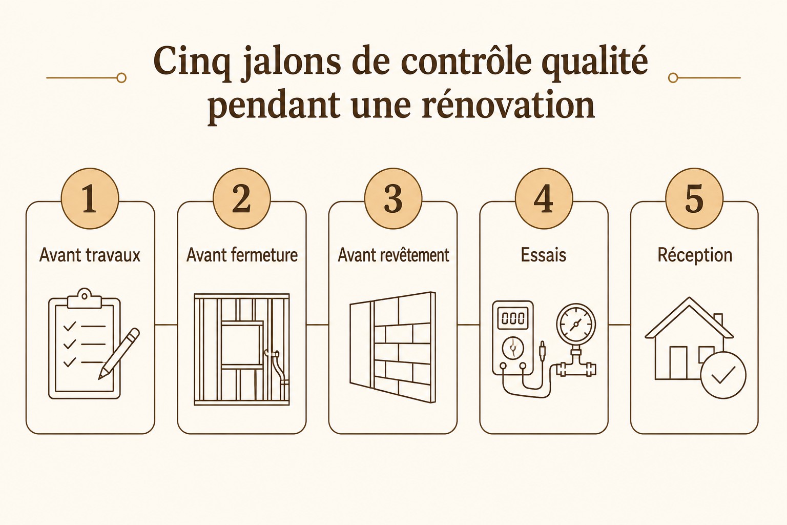 Cinq jalons de contrôle qualité pendant une rénovation : avant travaux, avant fermeture, avant revêtement, essais, réception
