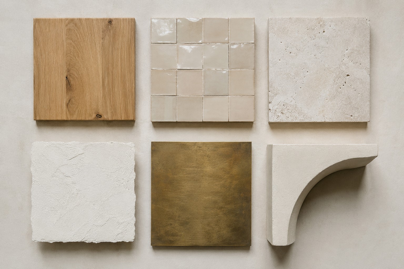 Six échantillons de matières posés à plat sur un fond clair : lame de chêne, carreaux de zellige émaillé, dalle de pierre claire à cavités, panneau d'enduit à la chaux, plaque de laiton patiné et pièce de pierre à profil courbe