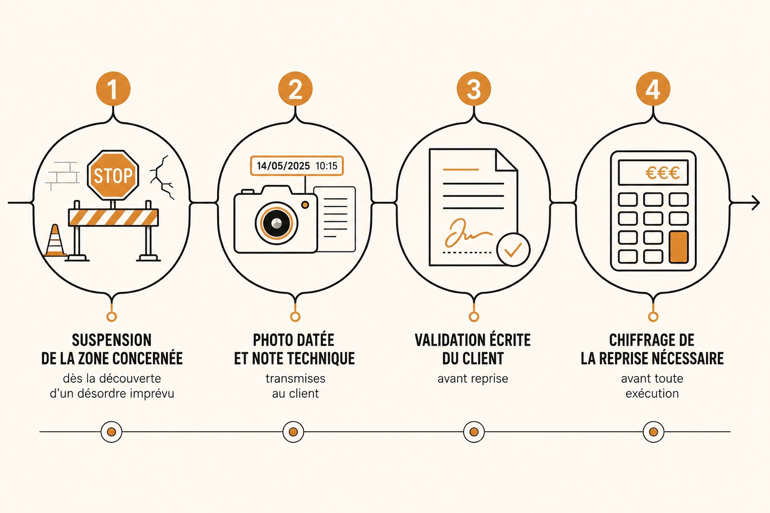 Les 4 étapes de gestion d'un aléa de chantier : suspension de la zone, photo datée, validation écrite du client, chiffrage de la reprise