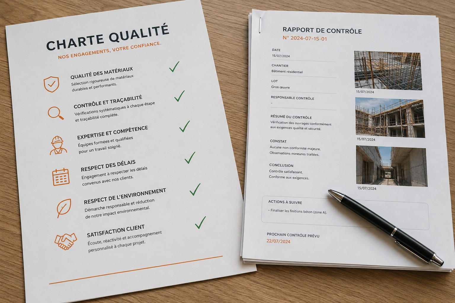 Charte qualité avec engagements cochés, à côté d'un rapport de contrôle daté avec photos de chantier