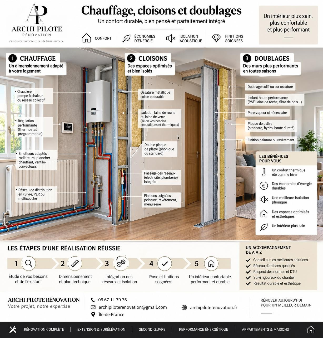 Infographie ARCHI PILOTE RÉNOVATION : Chauffage, cloisons et doublages