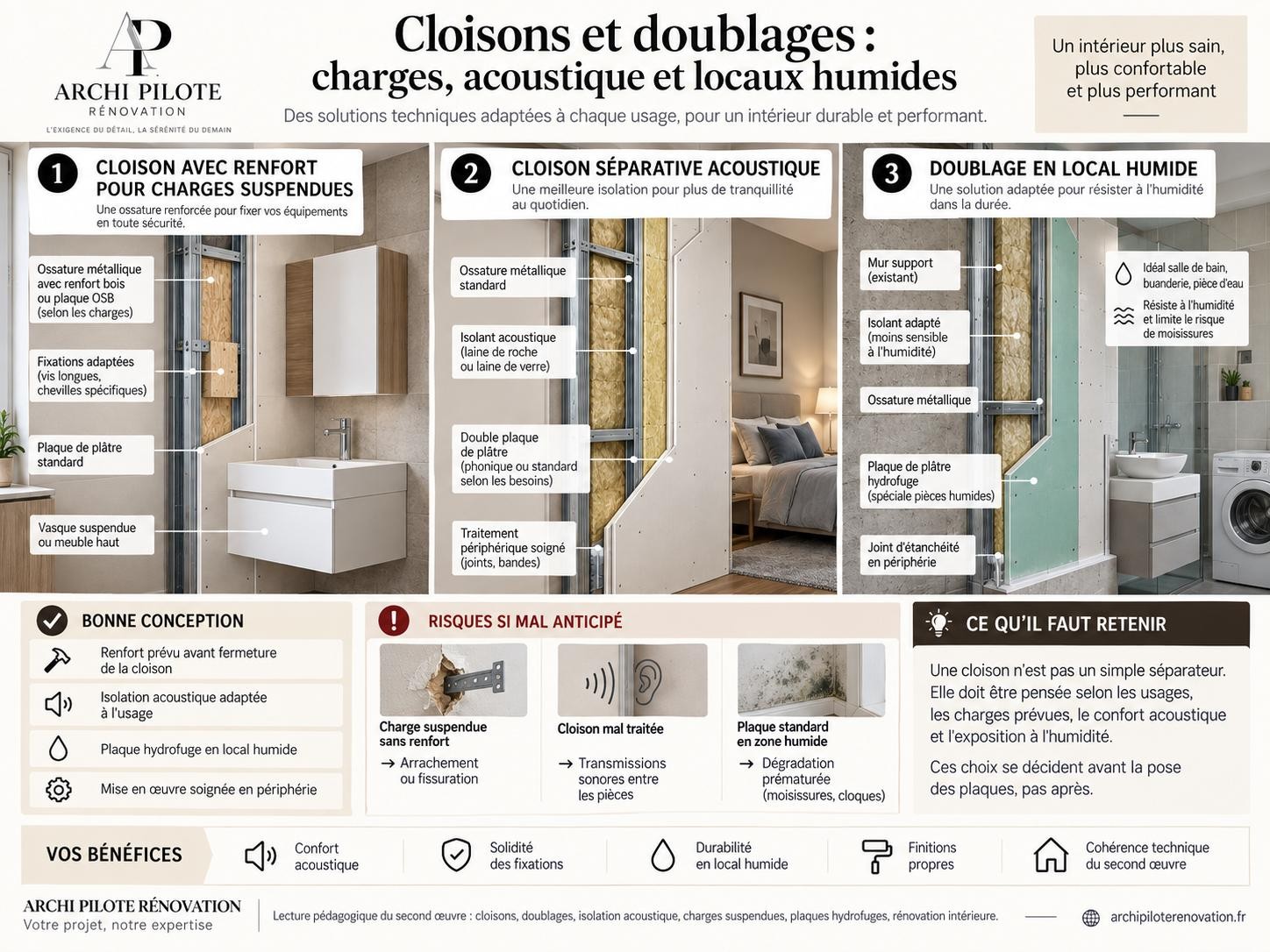 Infographie ARCHI PILOTE RÉNOVATION : Cloisons et doublages : charges, acoustique et locaux humides