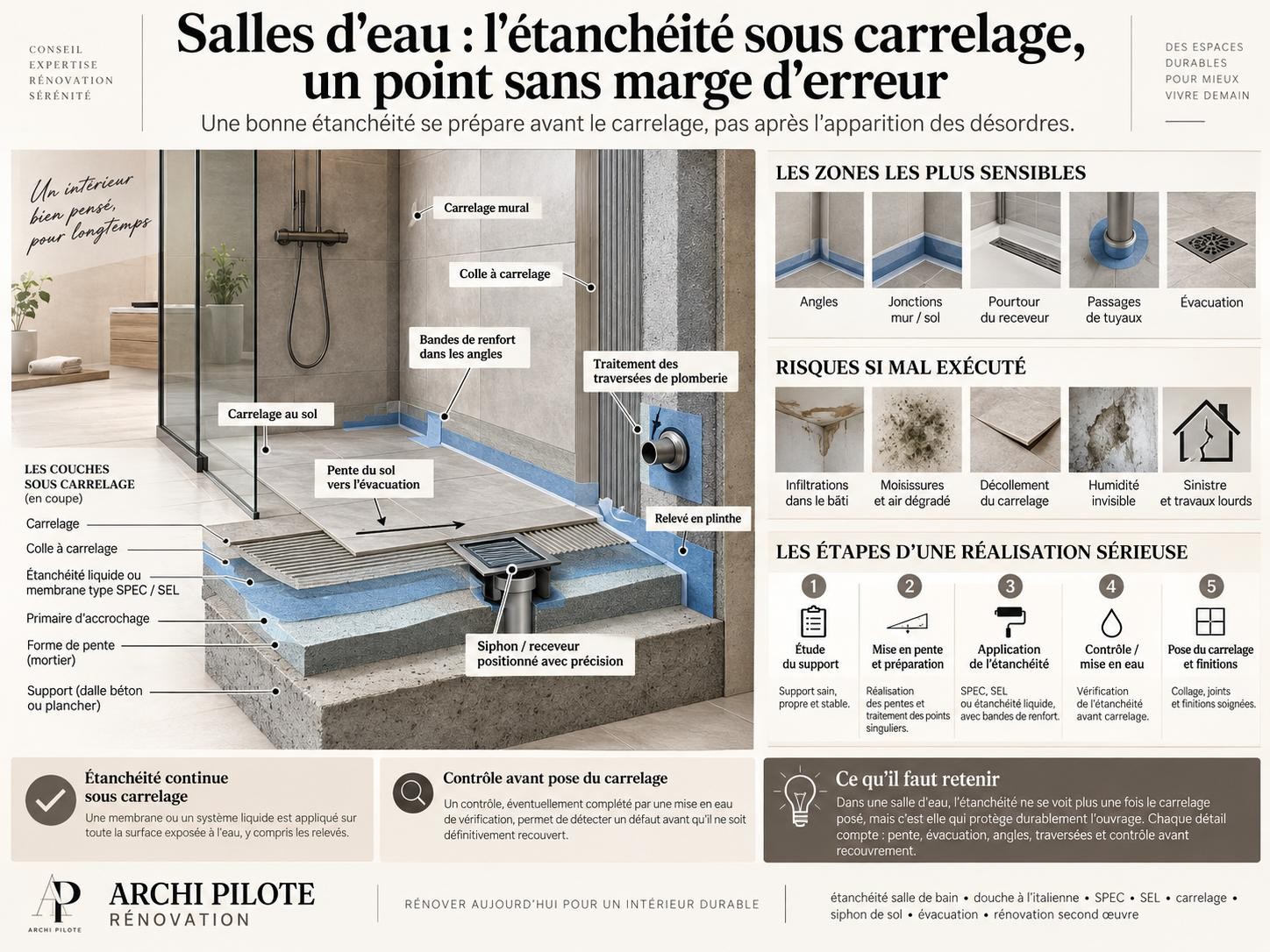 Infographie ARCHI PILOTE RÉNOVATION : Salles d'eau : l'étanchéité sous carrelage, un point sans marge d'erreur