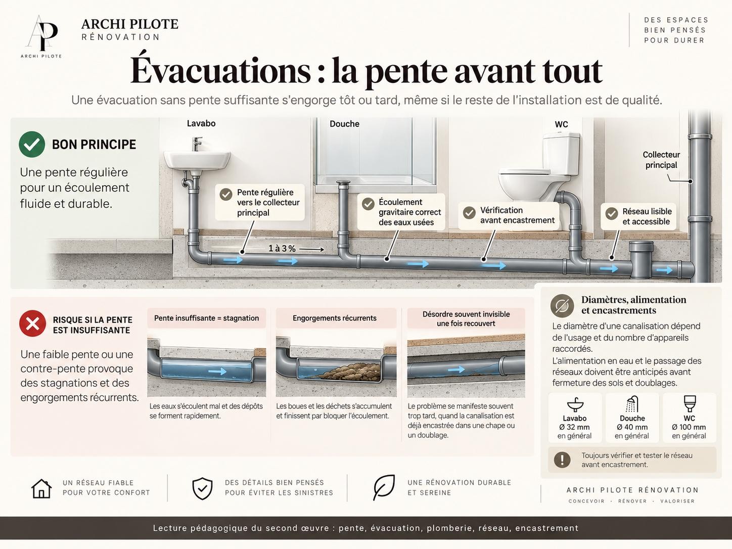 Infographie ARCHI PILOTE RÉNOVATION : Évacuations : la pente avant tout