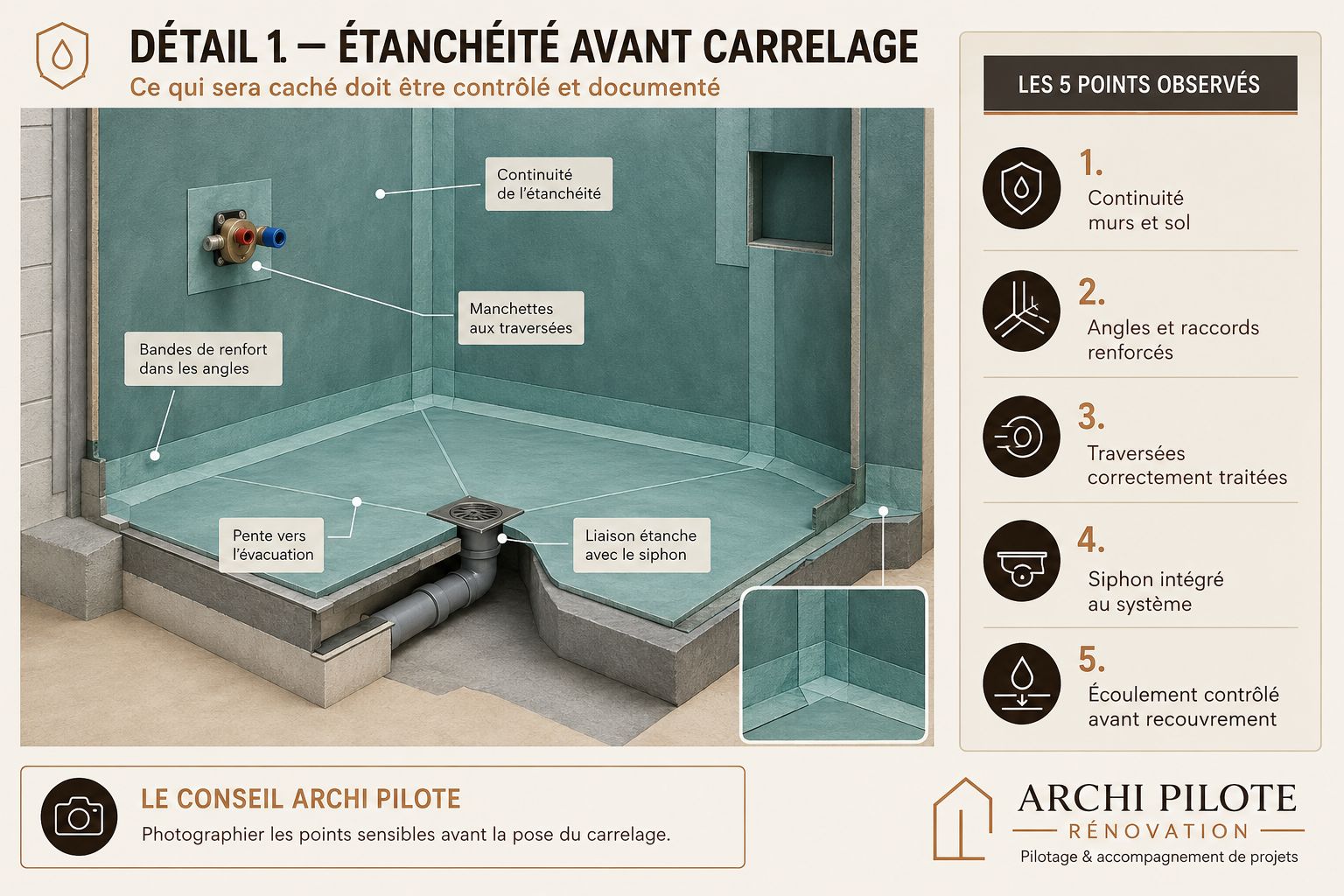 Schéma d'une douche en coupe avant carrelage : continuité de l'étanchéité entre murs et sol, bandes de renfort dans les angles, manchettes aux traversées, pente vers l'évacuation et liaison étanche avec le siphon
