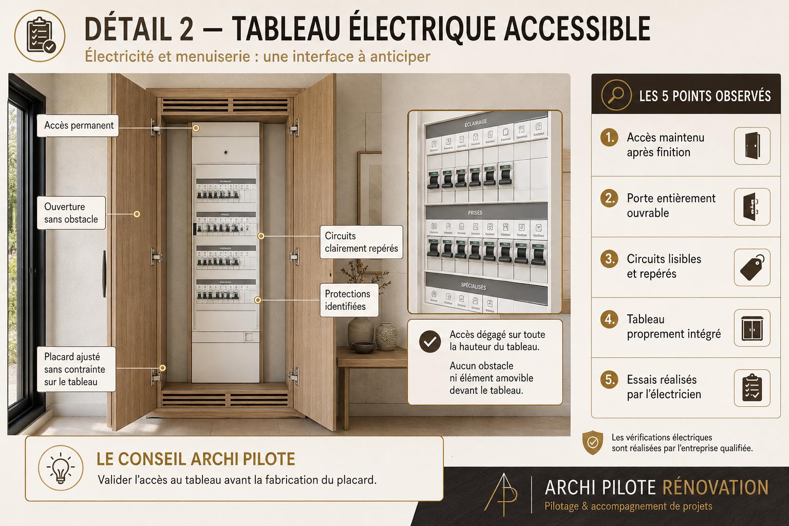Schéma d'un tableau électrique intégré dans un placard sur mesure, portes ouvertes : accès dégagé sur toute la hauteur, circuits repérés, protections identifiées