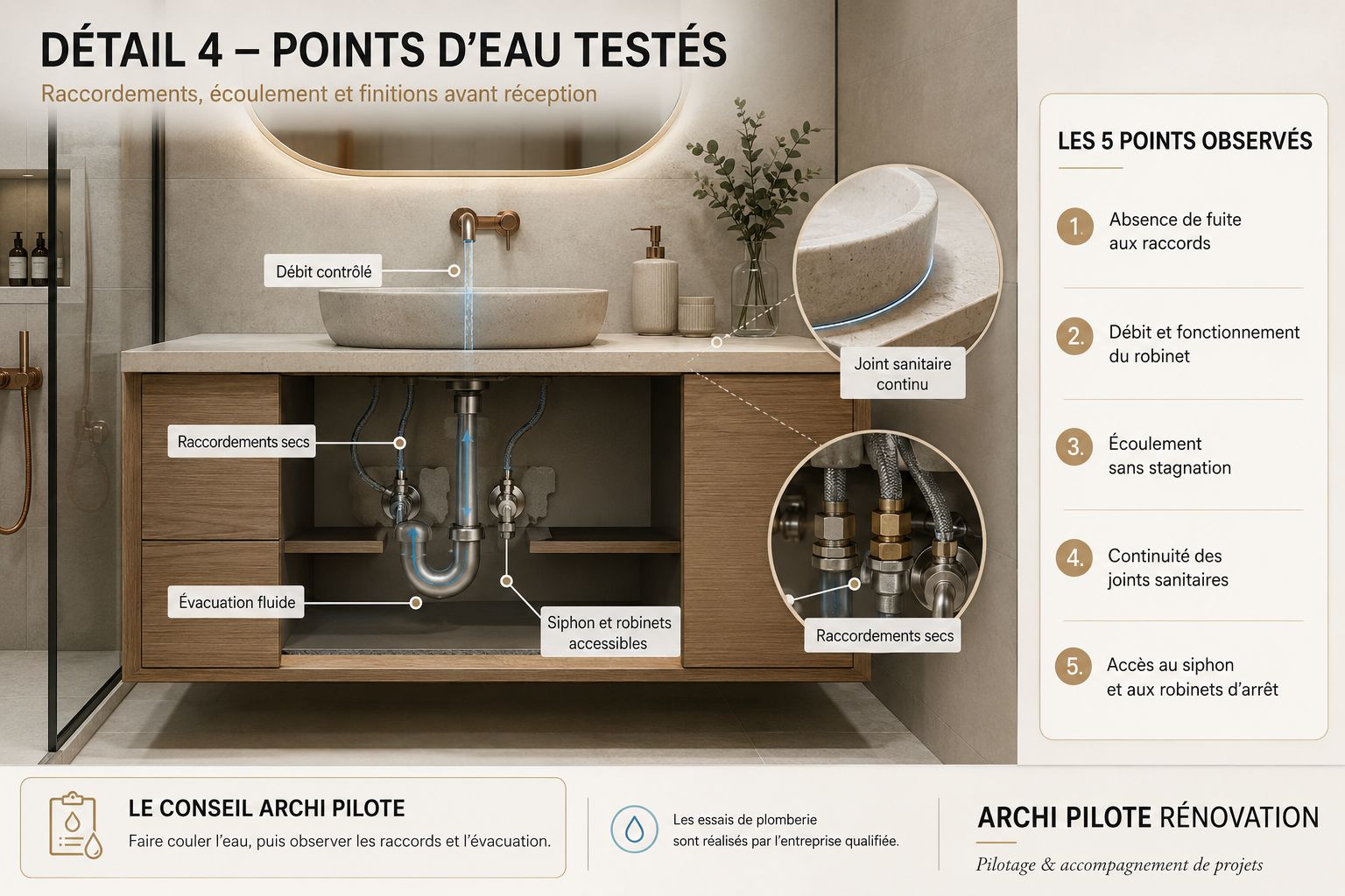 Schéma d'un meuble de salle de bain ouvert montrant les raccordements sous vasque : siphon, robinets d'arrêt accessibles, évacuation et joint sanitaire continu