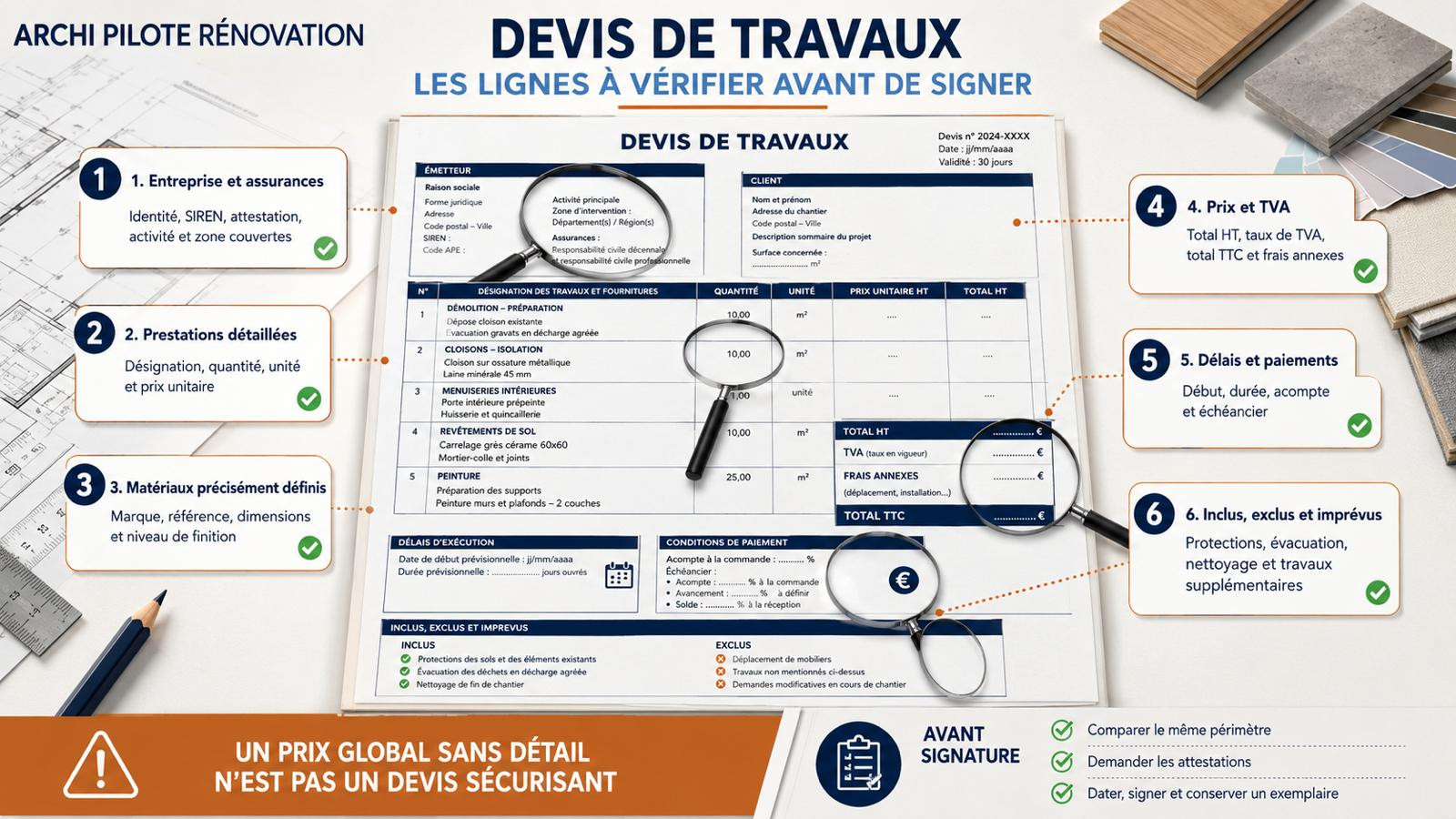 Modèle de devis de travaux vierge, examiné par six points de contrôle numérotés : entreprise et assurances, prestations détaillées, matériaux définis, prix et TVA, délais et paiements, inclus et exclus