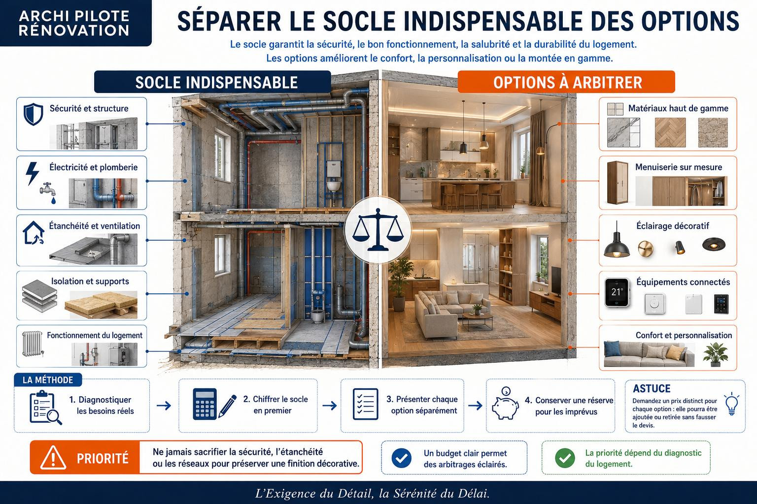Infographie en coupe opposant le socle technique d'un logement — ossature, réseaux, isolation, ventilation — aux options de finition et d'équipement du même volume une fois aménagé