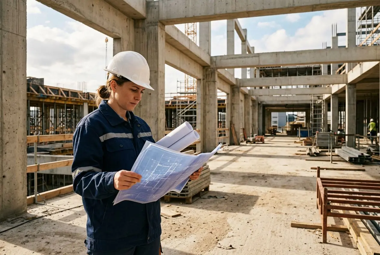 Chef de chantier sur un site BTP examinant des plans, prêt à coordonner les 5 étapes principales d'un chantier.
