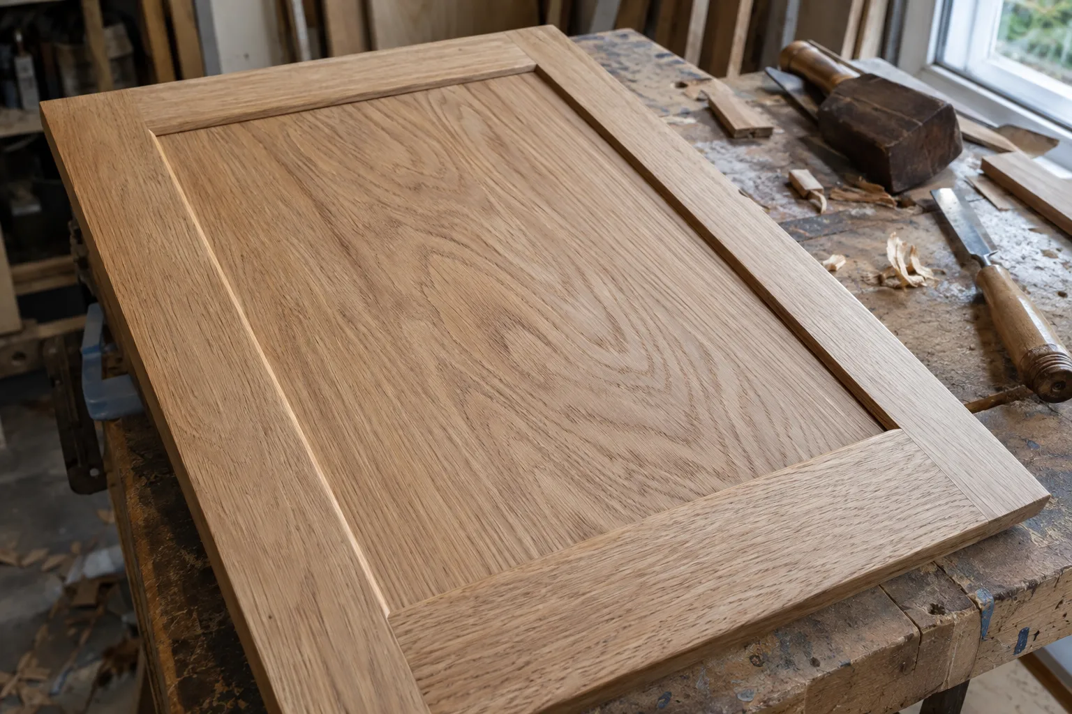 Porte de bois en cours de fabrication sur un établi, avec outils et copeaux autour. agencement appartement moderne levallois perret intégré naturellement.