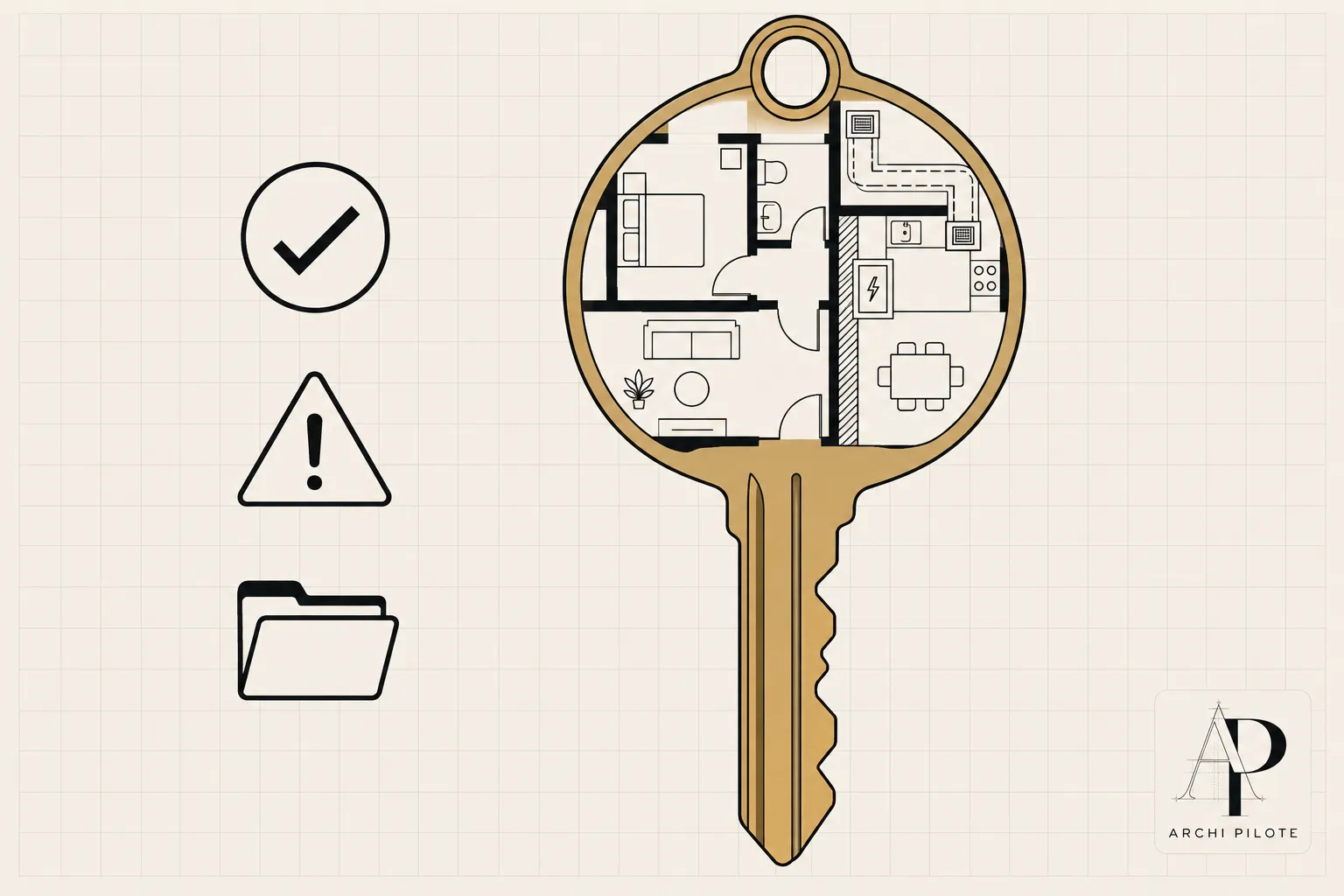 Clé dorée avec plan d’aménagement intérieur en rond, montrant pièces d’un appartement; icônes vérification et avertissement à gauche. (agencement appartement moderne levallois perret)