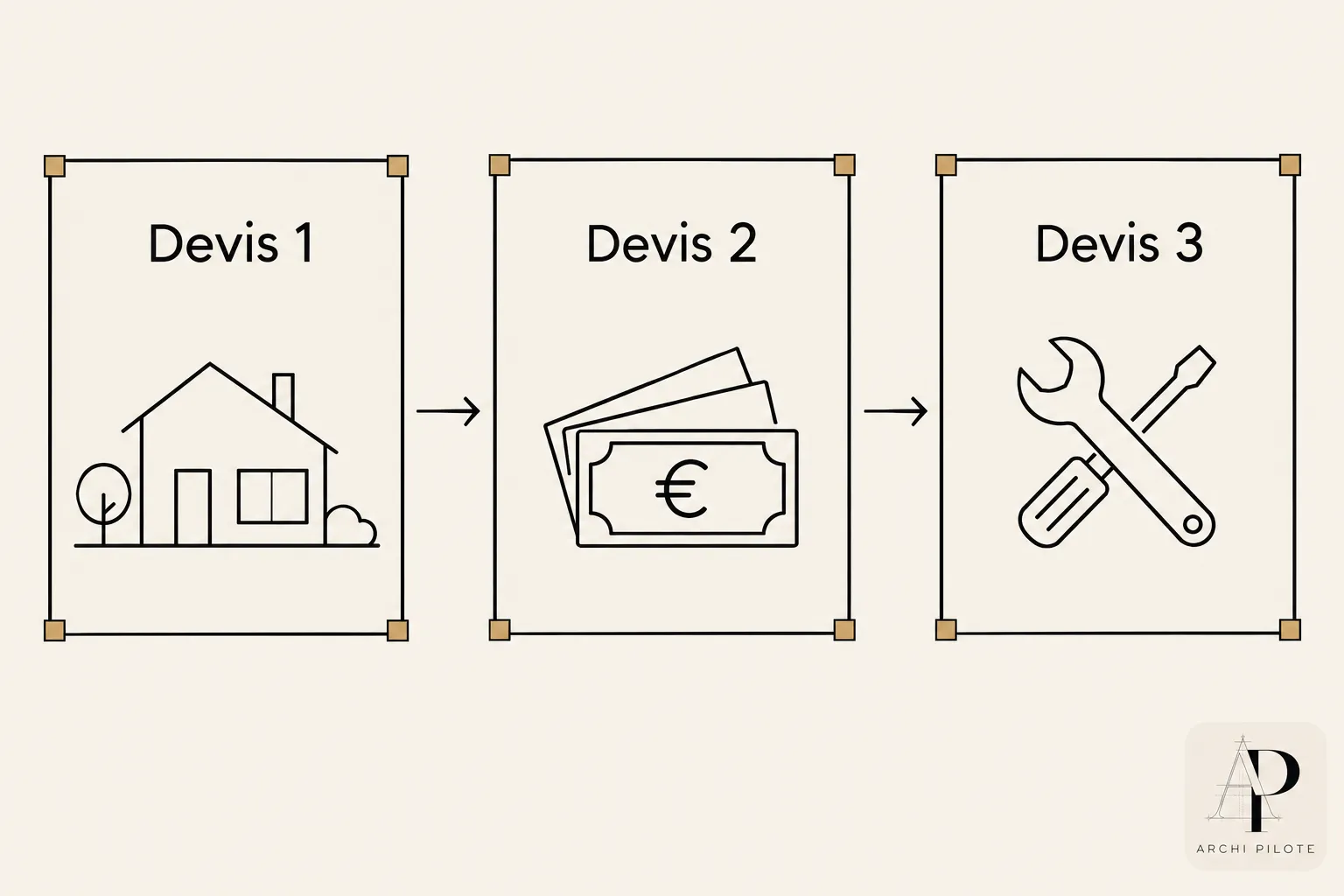 IMG: Illustration en trois panneaux: Devis 1 montre une maison; Devis 2 un paquet de billets; Devis 3 outils (clé et tournevis). agencement appartement moderne levallois perret est suggéré.