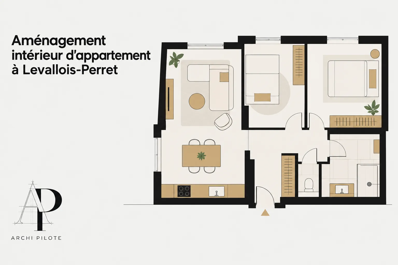 Plan d’ensemble d’un appartement avec séjour, cuisine ouverte et chambres.
