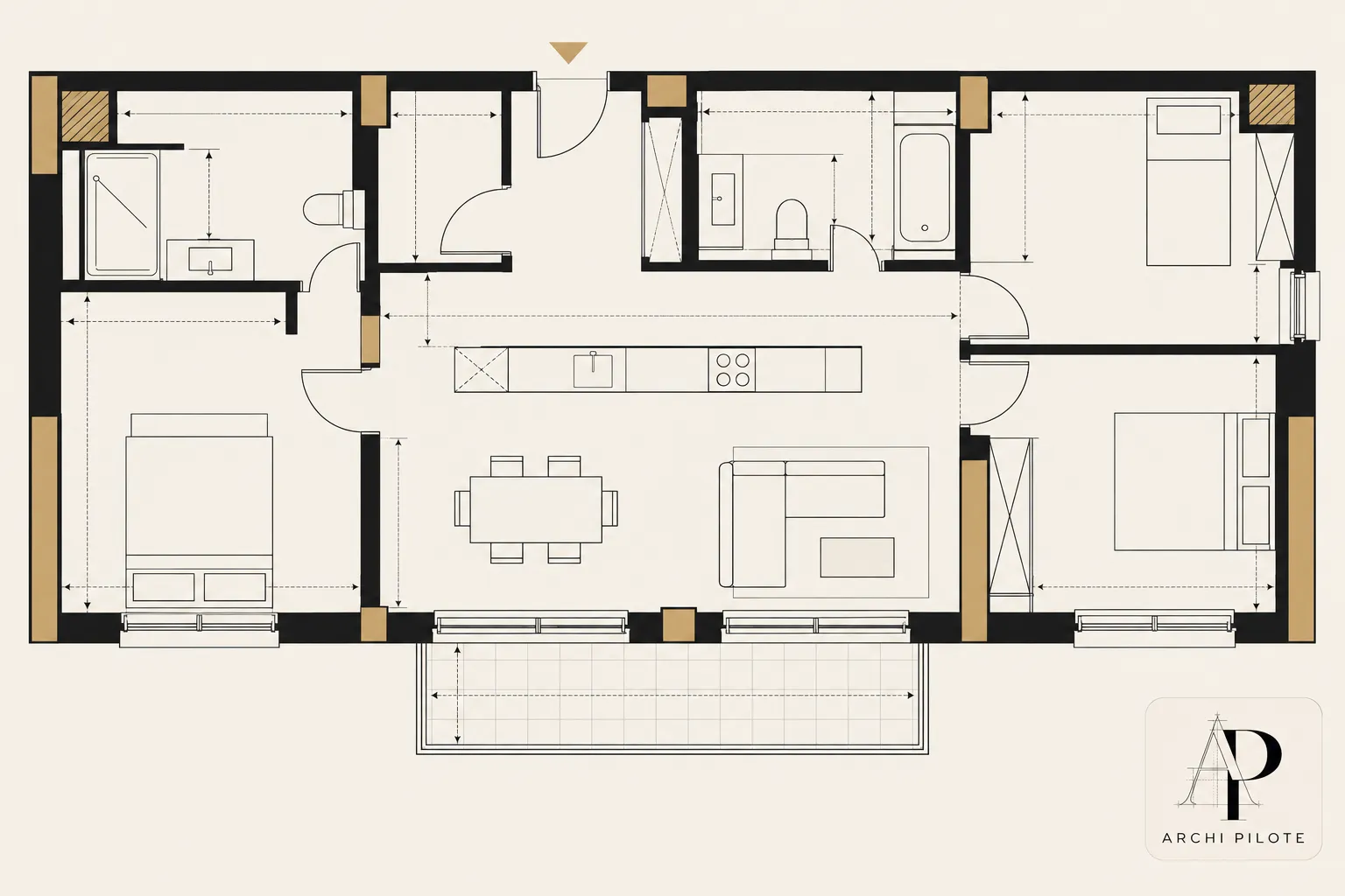 Plan d’aménagement intérieur d’un appartement vu du dessus, montrant une cuisine centrale ouverte sur séjour, trois chambres