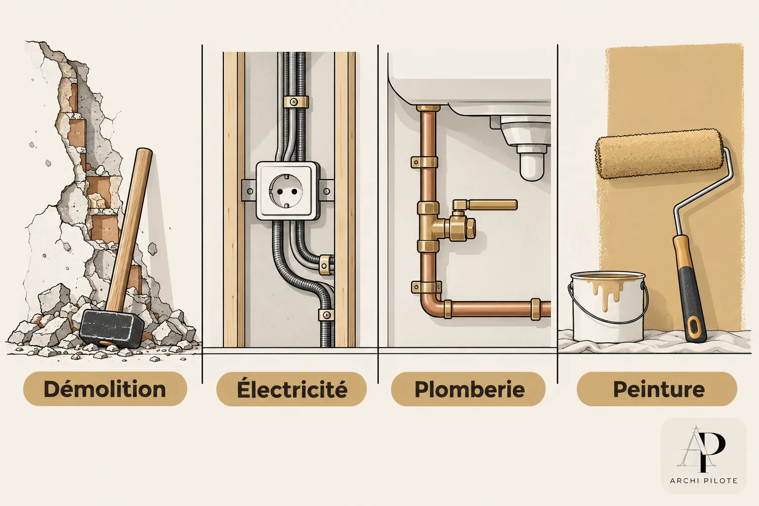 Trois sections montrent des travaux intérieurs: démolition avec marteau et débris, électricité avec contrôleur et gaines,