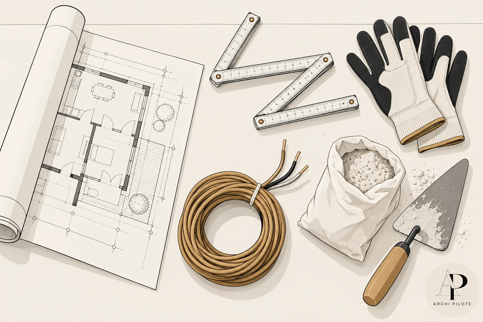 Plan d’aménagement et outils de chantier sur une table, avec carnet de plans, ficelle et gants.