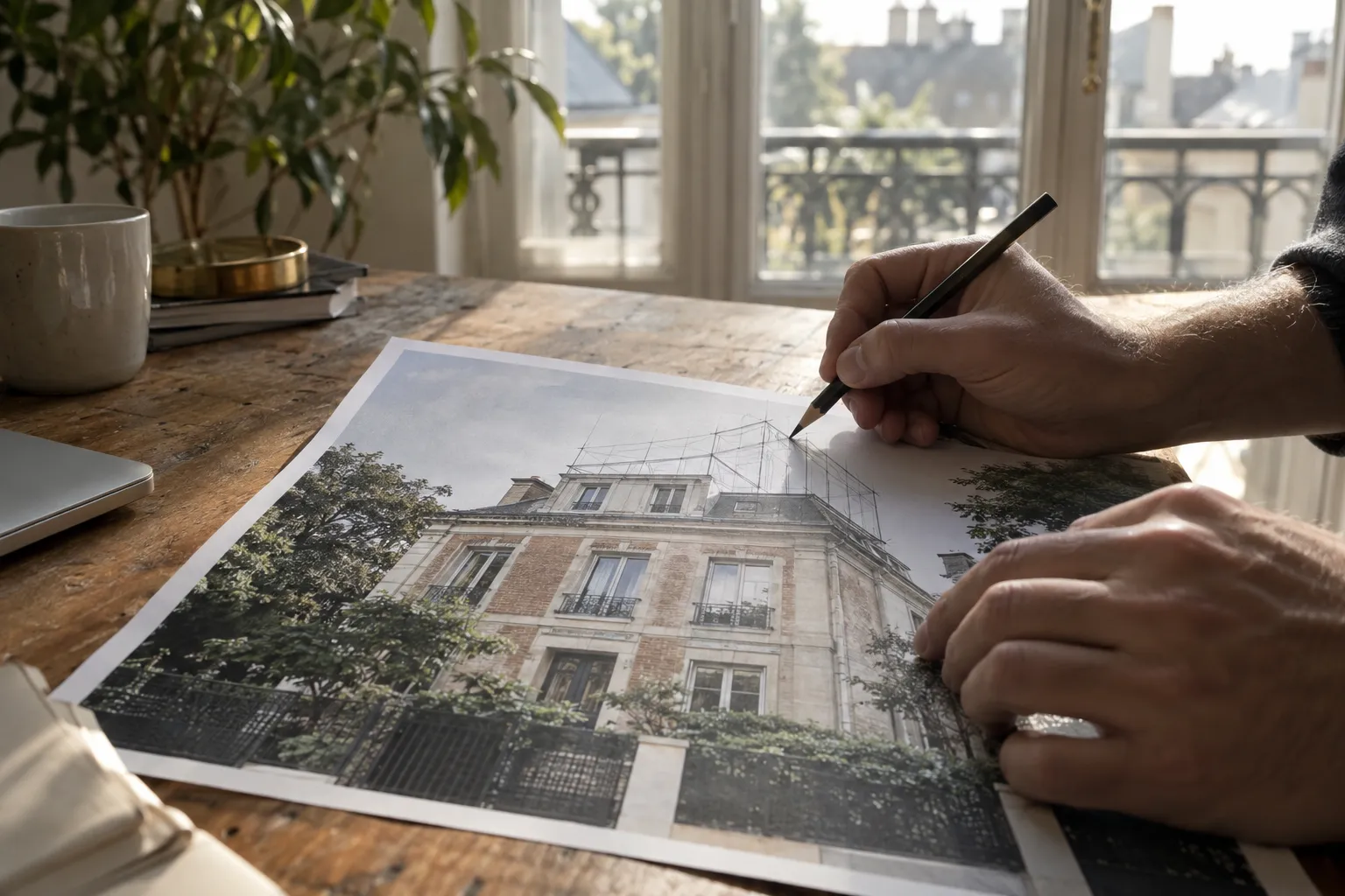Personne dessinant ou retouchant un plan ou une photo d’un bâtiment ancien posé sur une table.